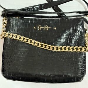 Jessica Simpson Faux Black Crocodile Crossbody with Gold Accents Chain